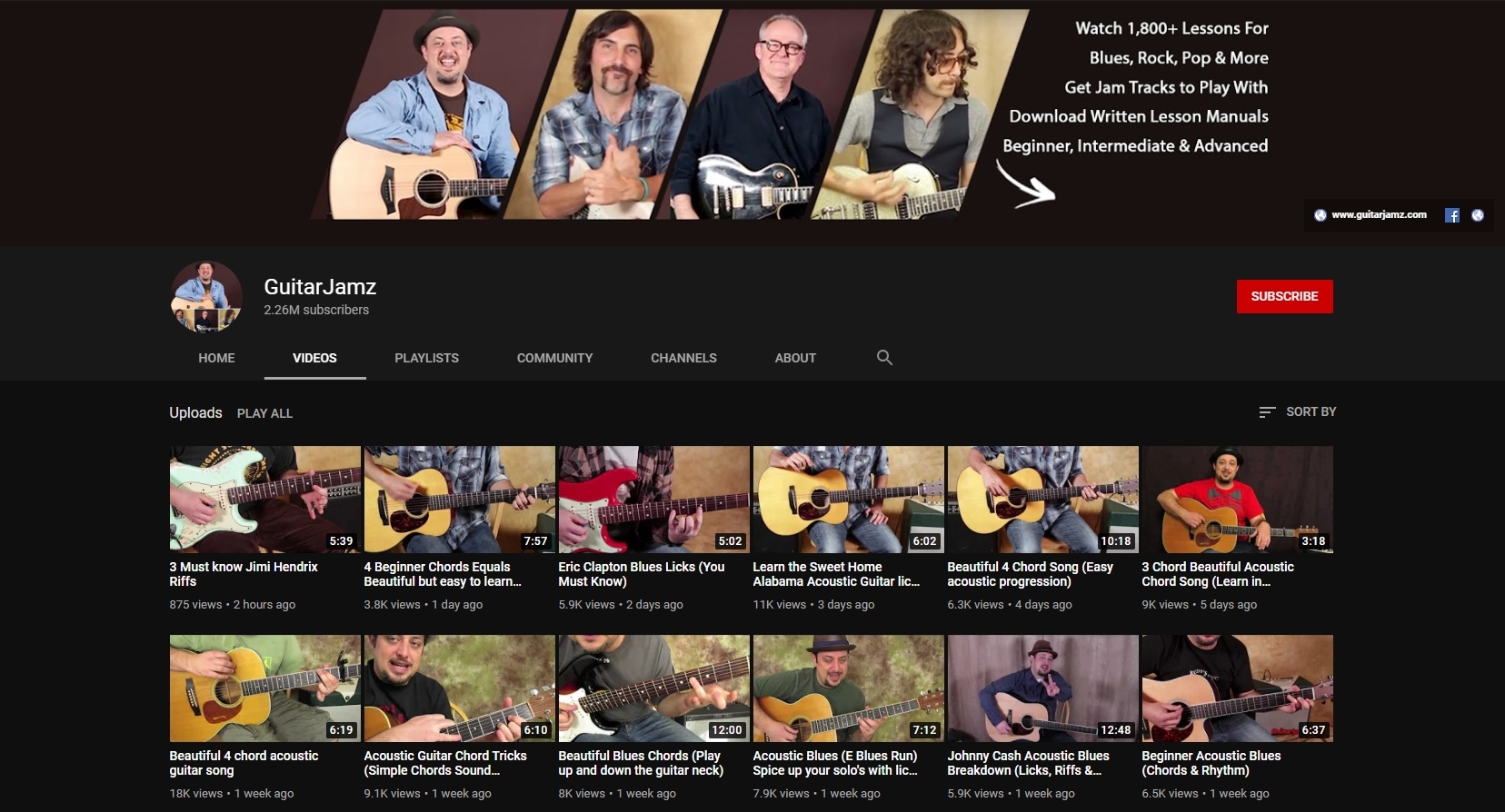Screenshot of GuitarJamz YouTube channel.