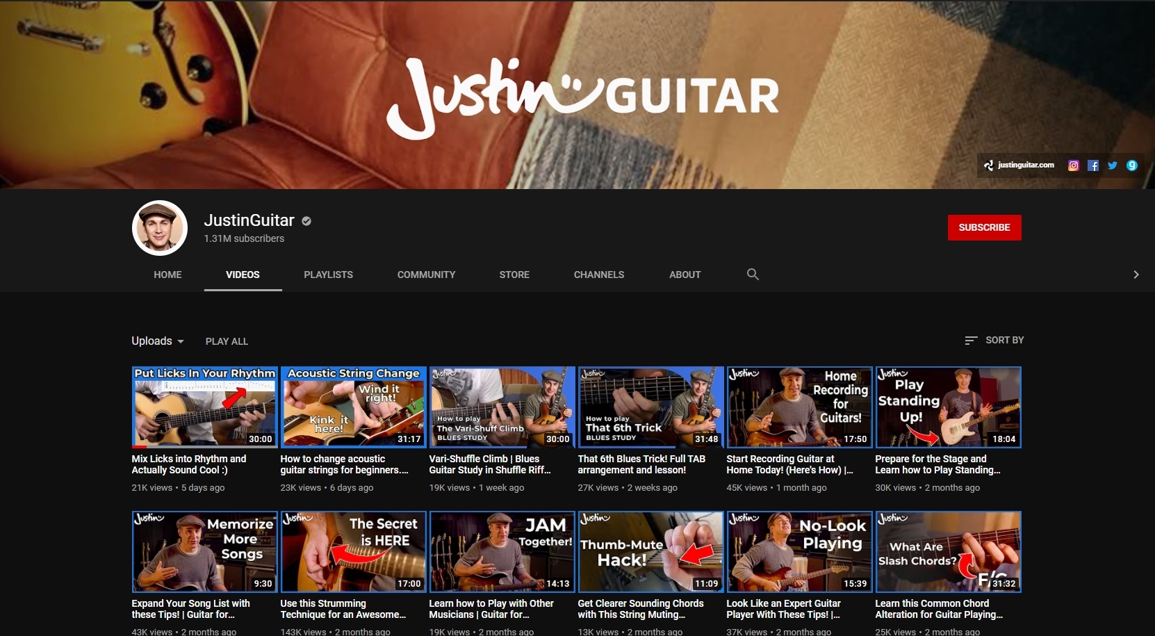 Screenshot of JustinGuitar YouTube channel.