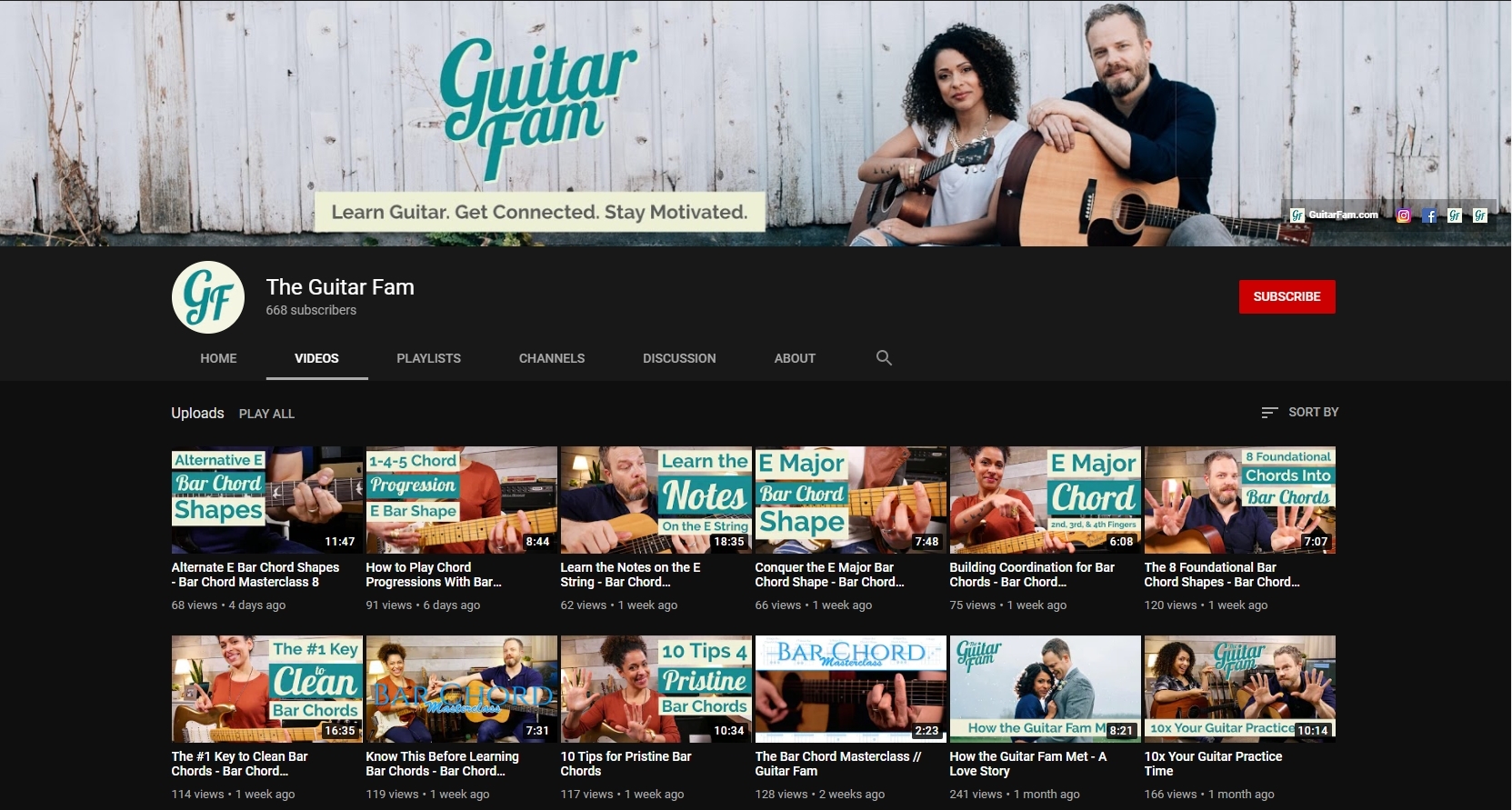 Screenshot of The Guitar Fam YouTube channel.