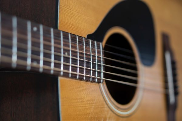 Upclose of a brown acoustic guitar.