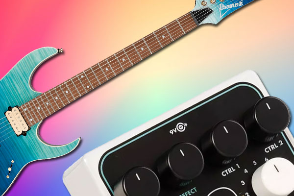 Ibanez guitar and EHX Bass 9 Bass Machine against rainbow gradient background